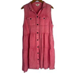 Umgee Sleeveless Button Down Raw Hem Stonewash Pink Dress Size Large